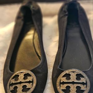 Tory Burch black satin flat with crystal logo